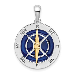 Sterling Silver and 14k Yellow Gold with Enamel Nautical Compass Medallion Pendant Charm