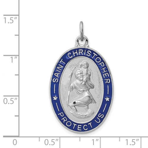Sterling Silver Rhodium Plated Enamel Saint Christopher Oval Medallion Pendant Charm Personalized Engraved Monogram