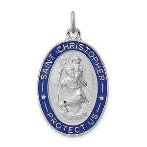 Sterling Silver Rhodium Plated Enamel Saint Christopher Oval Medallion Pendant Charm Personalized Engraved Monogram