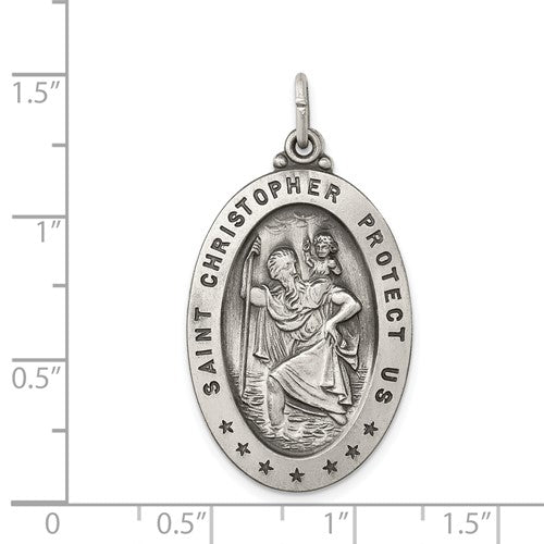 Sterling Silver Saint Christopher Oval Medallion Antique Style Pendant Charm