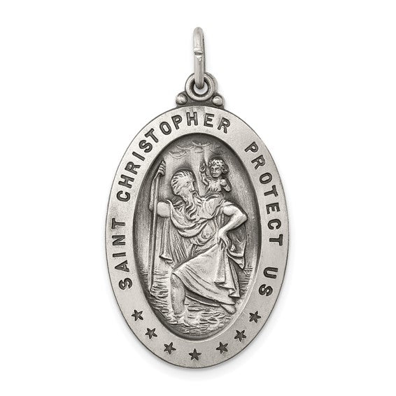 Sterling Silver Saint Christopher Oval Medallion Antique Style Pendant Charm