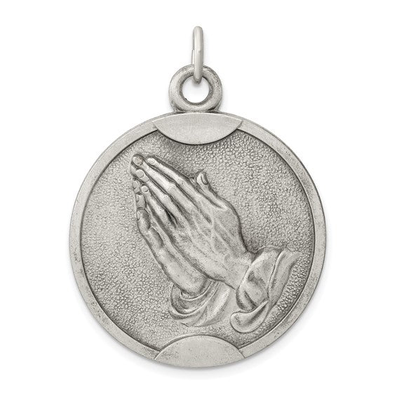 Sterling Silver Praying Hands Serenity Prayer Round Medallion Pendant Charm