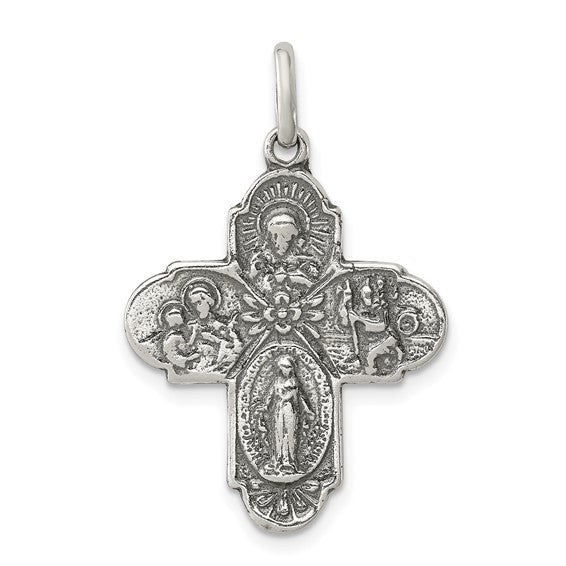 Sterling Silver Cruciform Cross Four Way Miraculous Medal Antique Style Pendant Charm