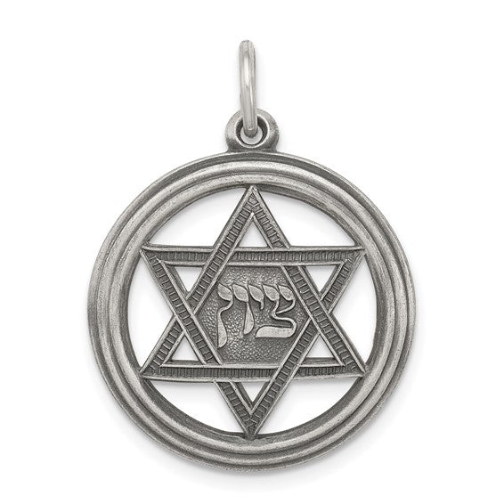 Sterling Silver Star of David Antique Finish Round Pendant Charm