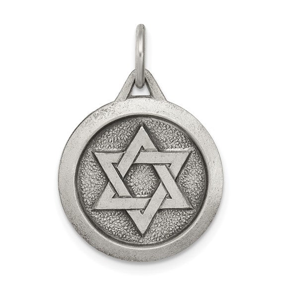 Sterling Silver Star of David Round Medallion Antique Finish Pendant Charm