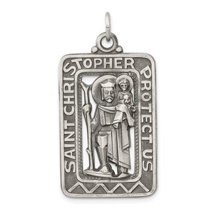 Sterling Silver Saint Christopher Rectangle Medallion Antique Style Pendant Charm