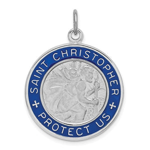 Sterling Silver Rhodium Plated Enamel Saint Christopher Round Medallion Pendant Charm Personalized Engraved Monogram