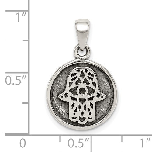 Sterling Silver Hamsa Hand of God Antique Finish Round Pendant Charm