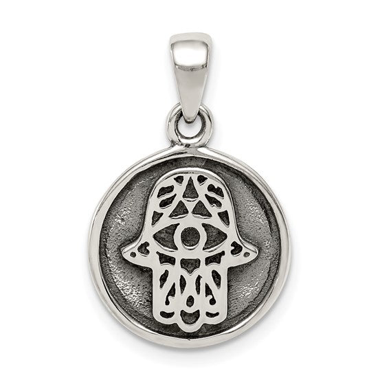 Sterling Silver Hamsa Hand of God Antique Finish Round Pendant Charm