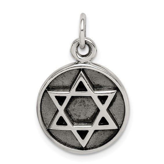 Sterling Silver Star of David Round Circle Antique Finish Pendant Charm