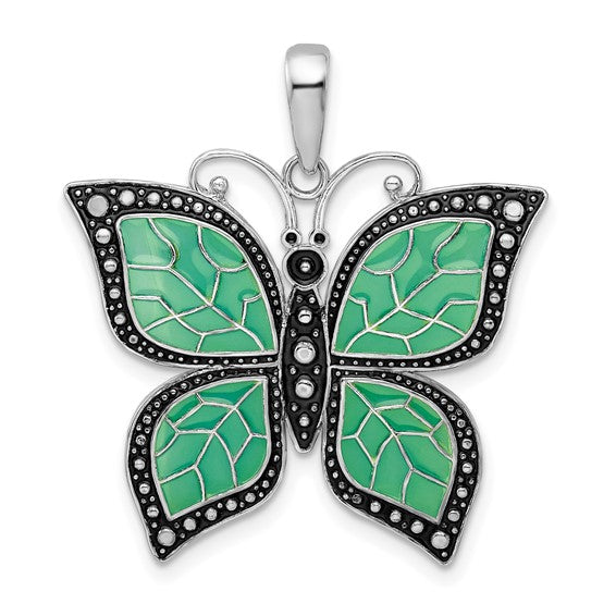 Sterling Silver Enamel Green Butterfly Pendant Charm