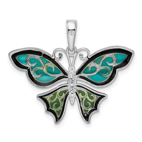 Sterling Silver Enamel Aqua Blue Green Butterfly Pendant Charm