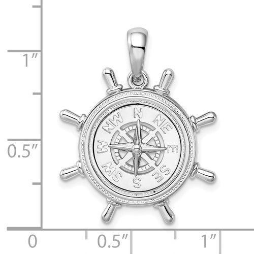 Sterling Silver Ship Wheel Nautical Compass Medallion Pendant Charm