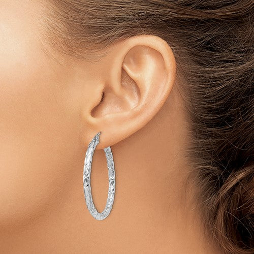 Sterling Silver Textured Round Hoop Earrings 35mm x 3mm
