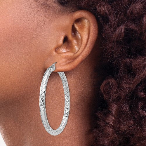Sterling Silver Textured Round Hoop Earrings 50mm x 4mm