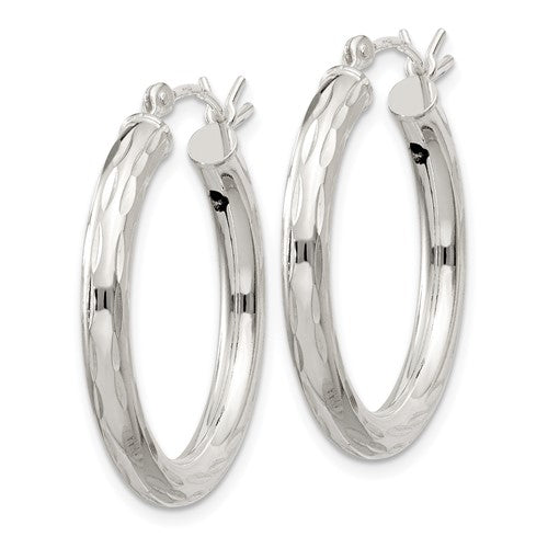 Sterling Silver Diamond Cut Classic Round Hoop Earrings 25mm x 3mm