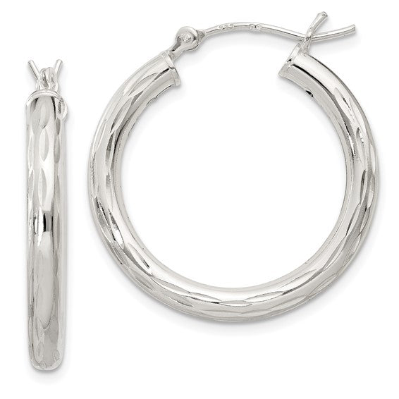 Sterling Silver Diamond Cut Classic Round Hoop Earrings 25mm x 3mm
