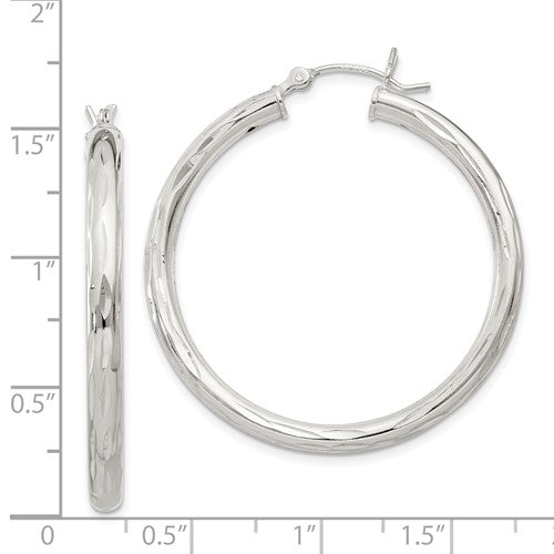 Sterling Silver Diamond Cut Classic Round Hoop Earrings 35mm x 3mm
