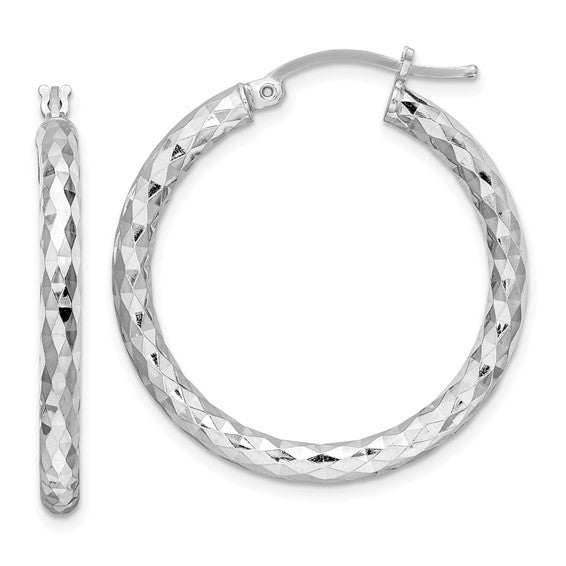 Sterling Silver Diamond Cut Classic Round Hoop Earrings 25mm x 3mm