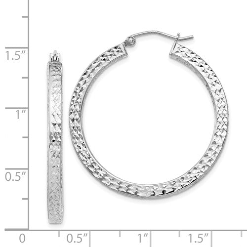 Sterling Silver Diamond Cut Square Tube Round Hoop Earrings 33mm x 3mm