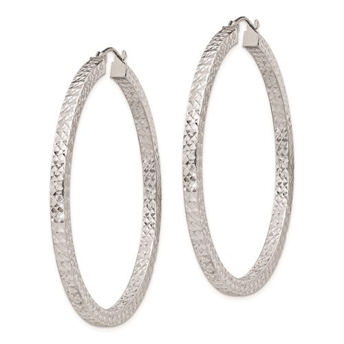 Sterling Silver Diamond Cut Square Tube Round Hoop Earrings 50mm x 3mm