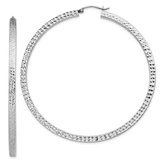 Sterling Silver Diamond Cut Square Tube Round Hoop Earrings 61mm x 3mm