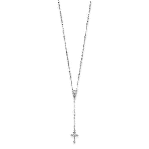 Sterling Silver Rhodium Plated Crucifix Cross Blessed Virgin Mary Bead Rosary Necklace