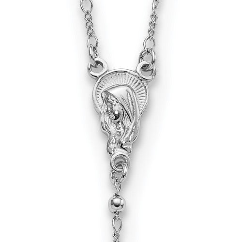 Sterling Silver Rhodium Plated Crucifix Cross Blessed Virgin Mary Bead Rosary Necklace