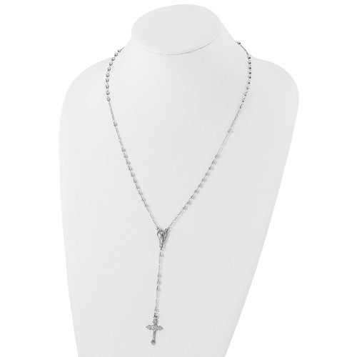 Sterling Silver Rhodium Plated Crucifix Cross Blessed Virgin Mary Bead Rosary Necklace