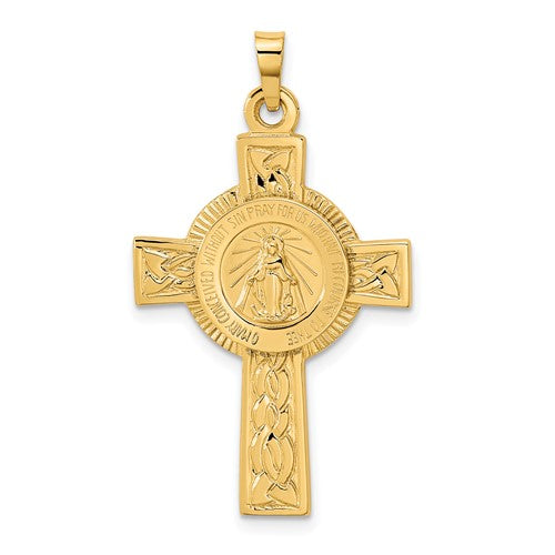 14k Yellow Gold Cross Blessed Virgin Mary Miraculous Medal Pendant Charm