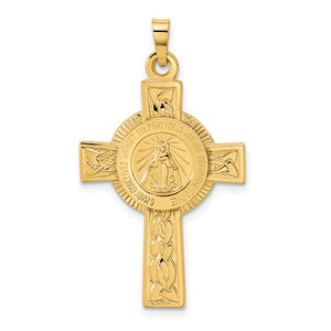 14k Yellow Gold Cross Blessed Virgin Mary Miraculous Medal Pendant Charm