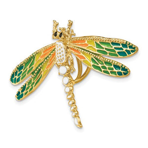 14k Yellow Gold Enamel Multi Color Dragonfly Pendant Charm