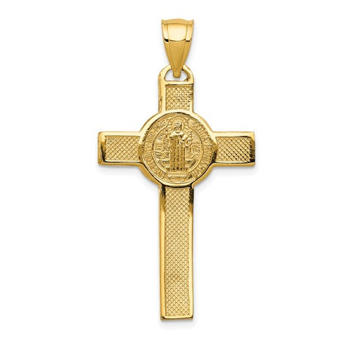 14K Yellow Gold Crucifix St Benedict Cross 2 Sided Pendant Charm