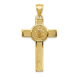 14K Yellow Gold Crucifix St Benedict Cross 2 Sided Pendant Charm