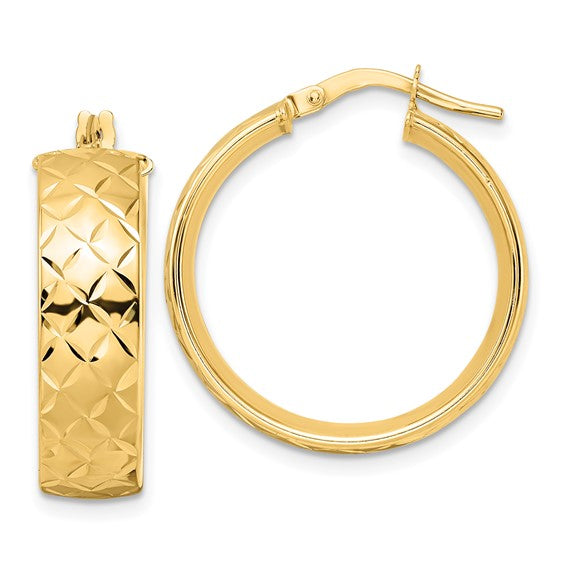 14k Yellow Gold Modern Contemporary Textured Round Hoop Earrings 23mm x 6.75mm