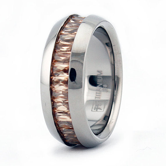 Titanium Wedding Ring Band Eternity Baguette CZ Engraved Personalized