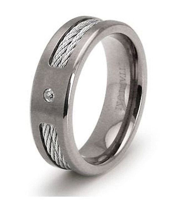 Titanium Wedding Ring Band Cable with CZ