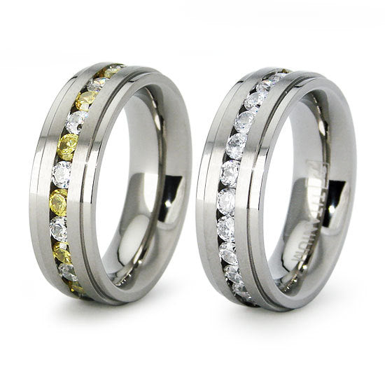 Titanium Wedding Ring Band Eternity with CZ Engraved Personalized
