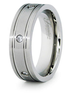 Titanium Wedding Ring Band Grooved with CZ
