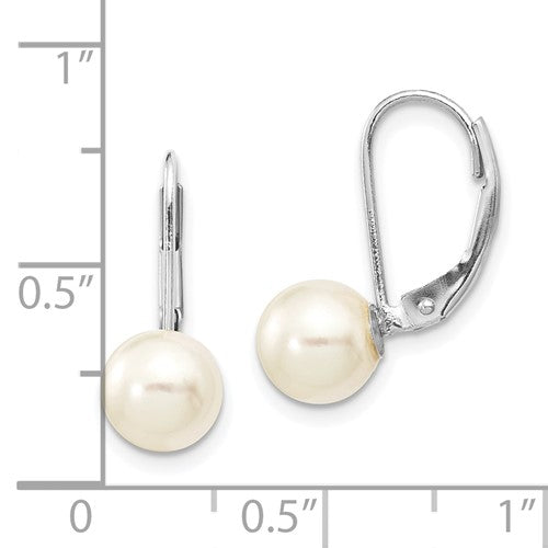 14K White Gold White Round 7-8mm Saltwater Akoya Cultured Pearl Lever Back Dangle Drop Earrings