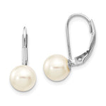 Lataa kuva Galleria-katseluun, 14K White Gold White Round 7-8mm Saltwater Akoya Cultured Pearl Lever Back Dangle Drop Earrings
