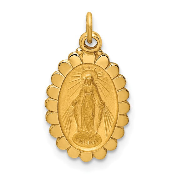 14k Yellow Gold Blessed Virgin Mary Miraculous Medal Oval Scalloped Edge Small Pendant Charm