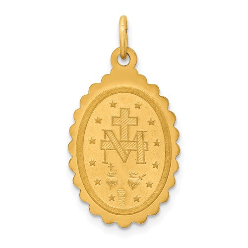 14k Yellow Gold Blessed Virgin Mary Miraculous Medal Oval Scalloped Edge Pendant Charm