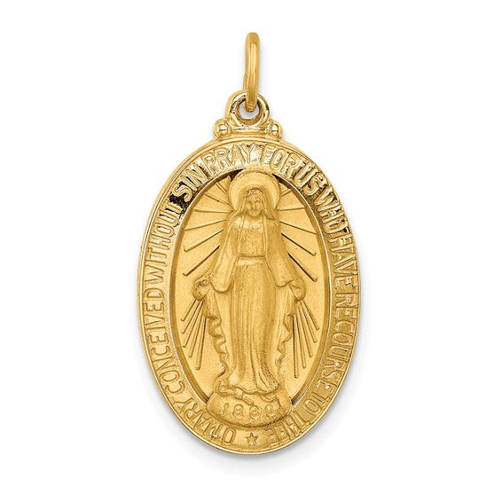 14k Yellow Gold Blessed Virgin Mary Miraculous Medal Oval Pendant Charm