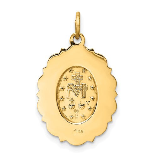 14k Yellow Gold Blessed Virgin Mary Miraculous Medal Oval Scalloped Edge Pendant Charm