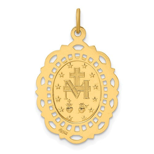 14k Yellow Gold Blessed Virgin Mary Miraculous Medal Oval Intricate Border Pendant Charm