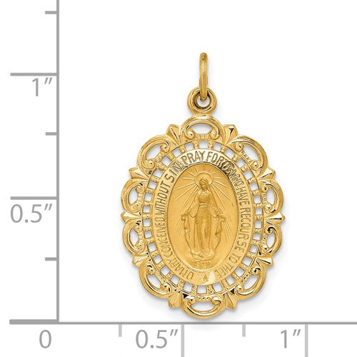14k Yellow Gold Blessed Virgin Mary Miraculous Medal Oval Intricate Border Pendant Charm