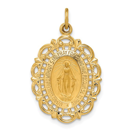 14k Yellow Gold Blessed Virgin Mary Miraculous Medal Oval Intricate Border Pendant Charm