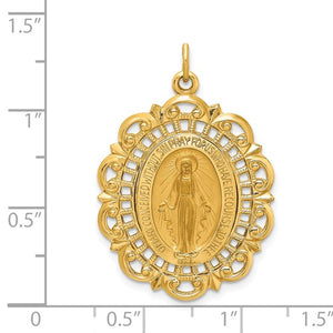 14k Yellow Gold Blessed Virgin Mary Miraculous Medal Oval Intricate Border Pendant Charm