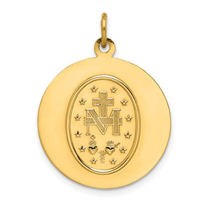14k Yellow Gold Blessed Virgin Mary Miraculous Medal Round Pendant Charm